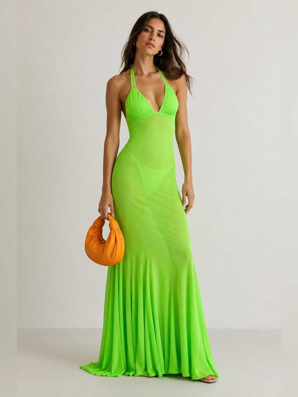 Norma Kamali Low Back Slip Mermaid Fishtail Gown Neon Green S NWT